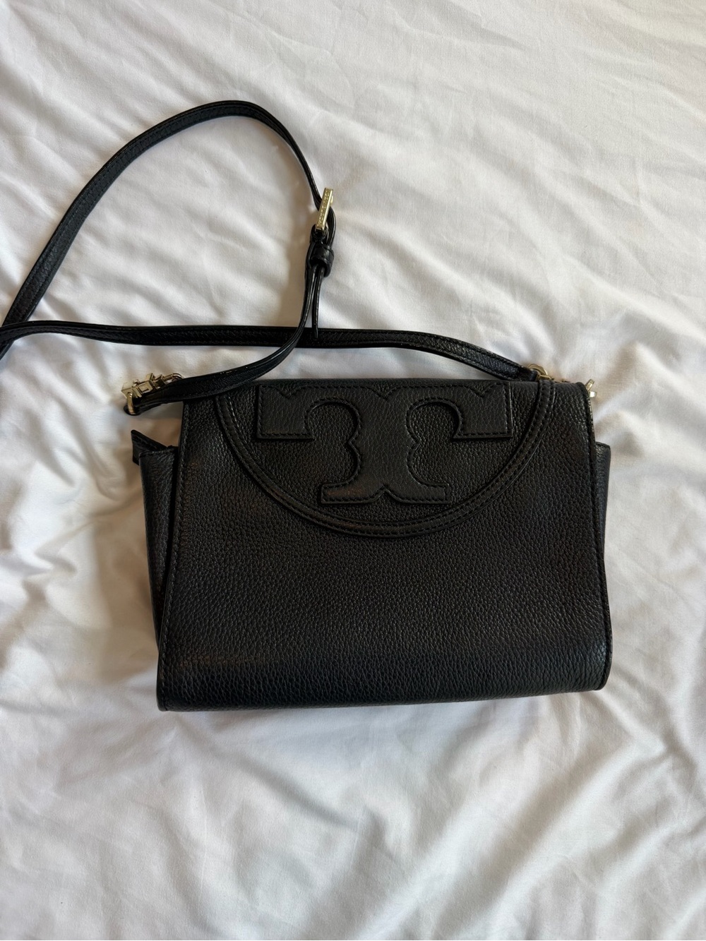 Tory Burch Black Pebbled Leather Logo Crossbody